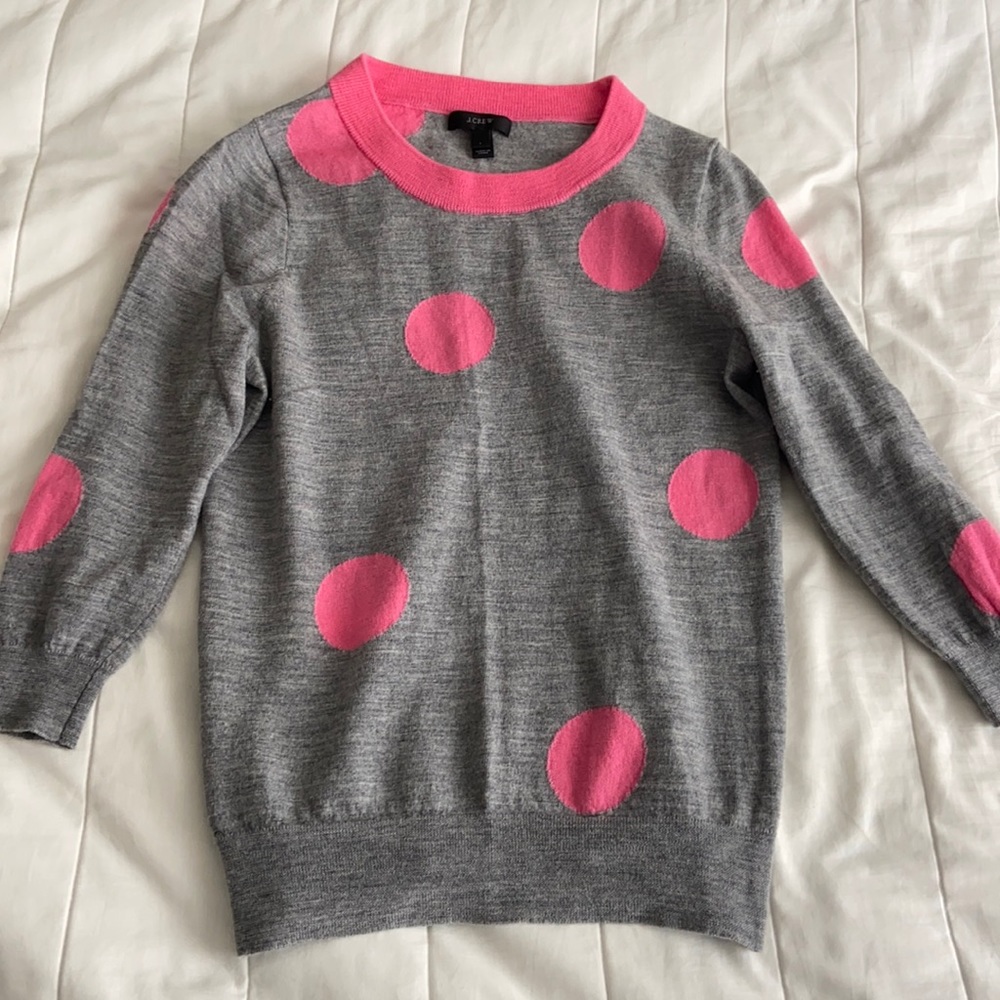 JCREW crew sweater. Pink and gray polka dots